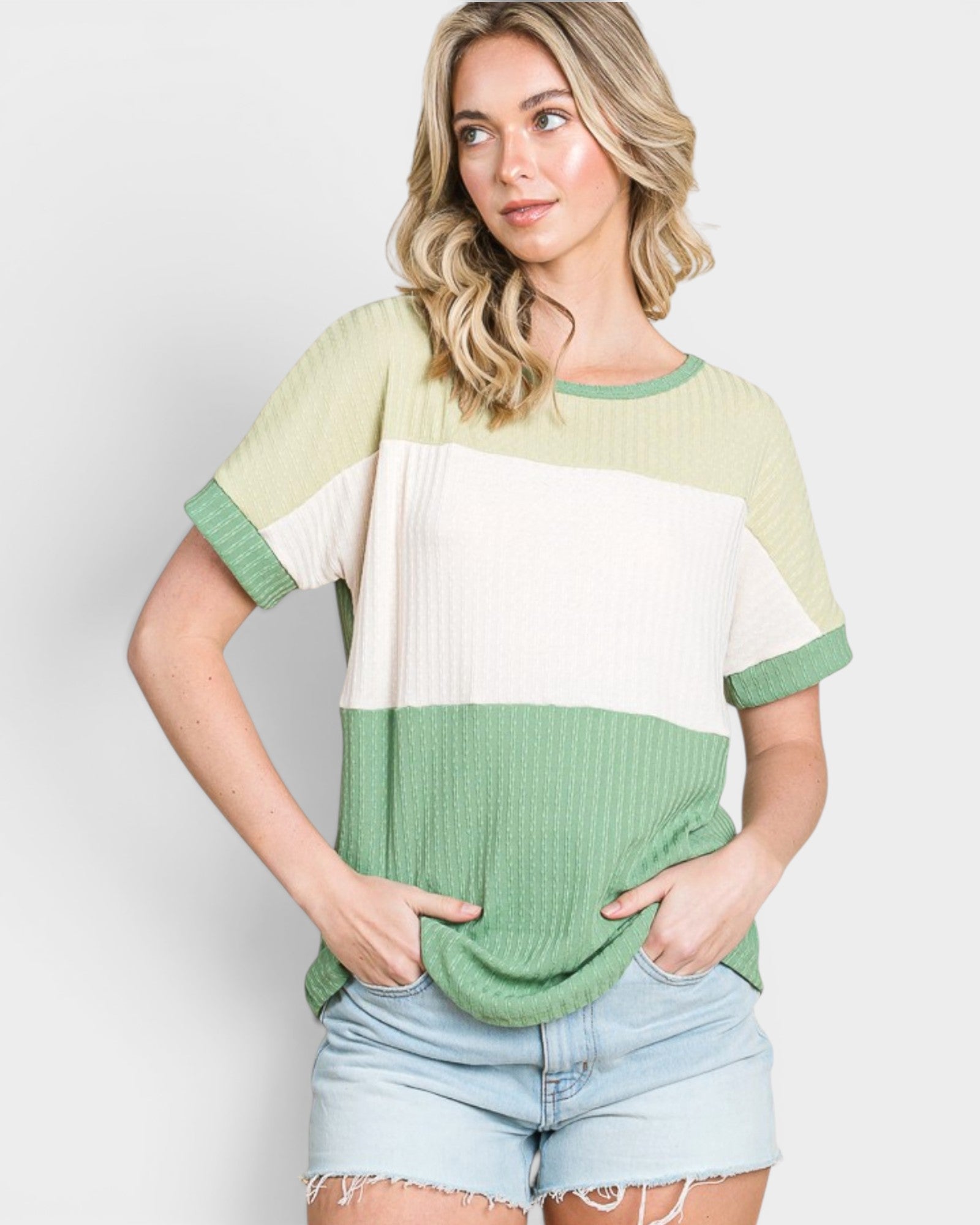 Green Colorblock Textured Short Sleeve Top