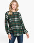 A woman modeling a green plaid long-sleeve top with blue jeans against a plain white background.