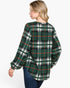 A woman shown from the back wearing a green plaid long-sleeve top with white, black, and thin orange stripes, paired with blue jeans, against a plain white background.