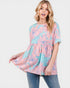 Woman wearing a pink and blue floral patterned top on a white background