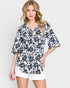 Black Floral Button Front Top