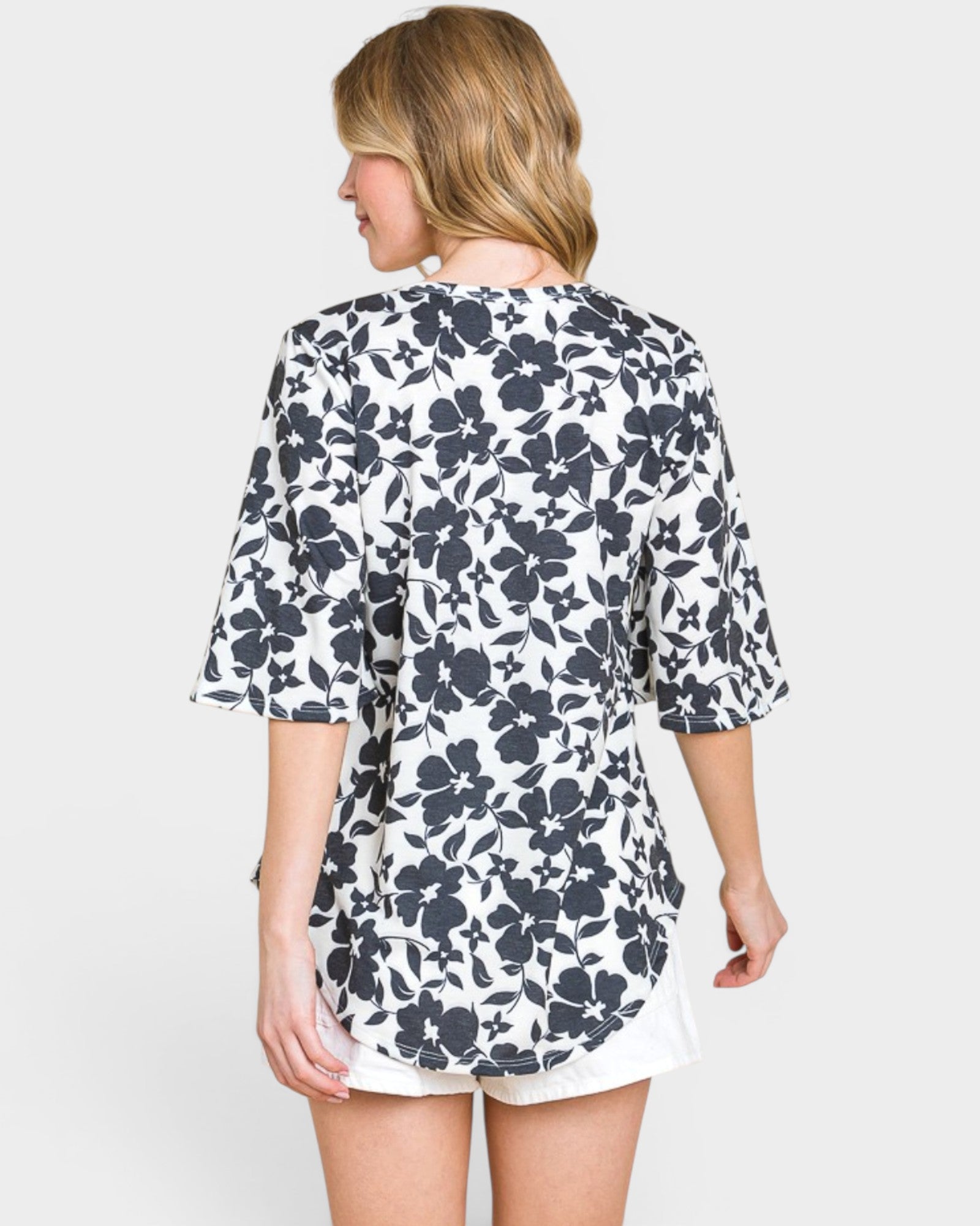 Black Floral Button Front Top