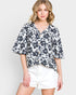Black Floral Button Front Top