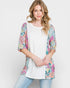 Woman wearing a colorful floral cardigan over a white top on a light gray background