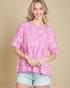 Woman wearing a pink floral blouse with denim shorts against a beige background