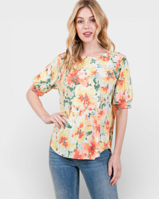 Orange Multi Floral Puff Sleeve Top