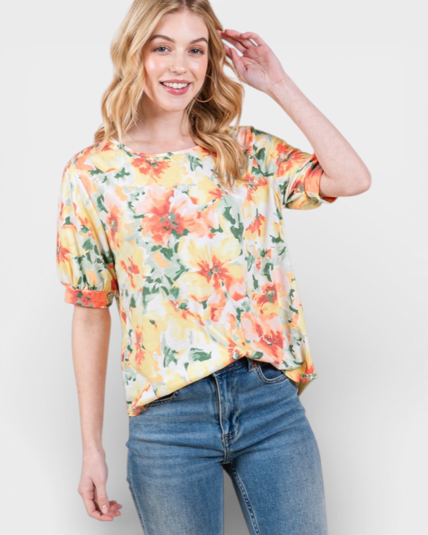 Orange Multi Floral Puff Sleeve Top