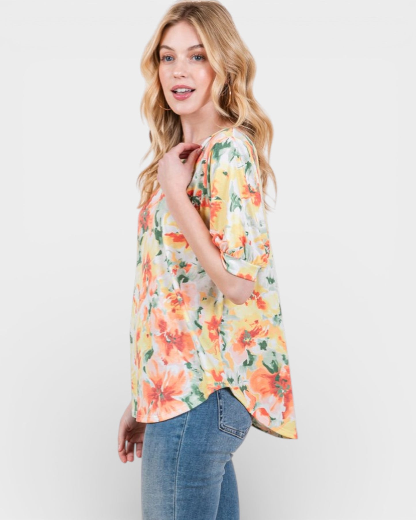 Orange Multi Floral Puff Sleeve Top
