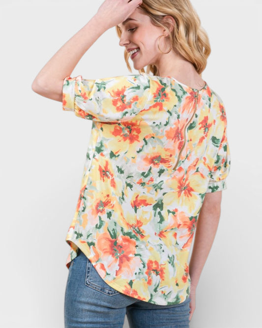 Orange Multi Floral Puff Sleeve Top