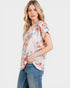Woman wearing a floral blouse and jeans on a white background