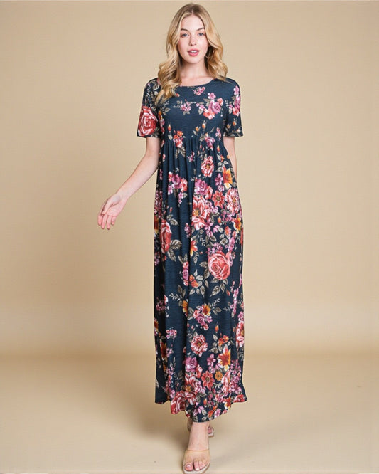 Woman wearing a floral dress on a beige background