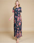 Woman wearing a floral dress on a beige background