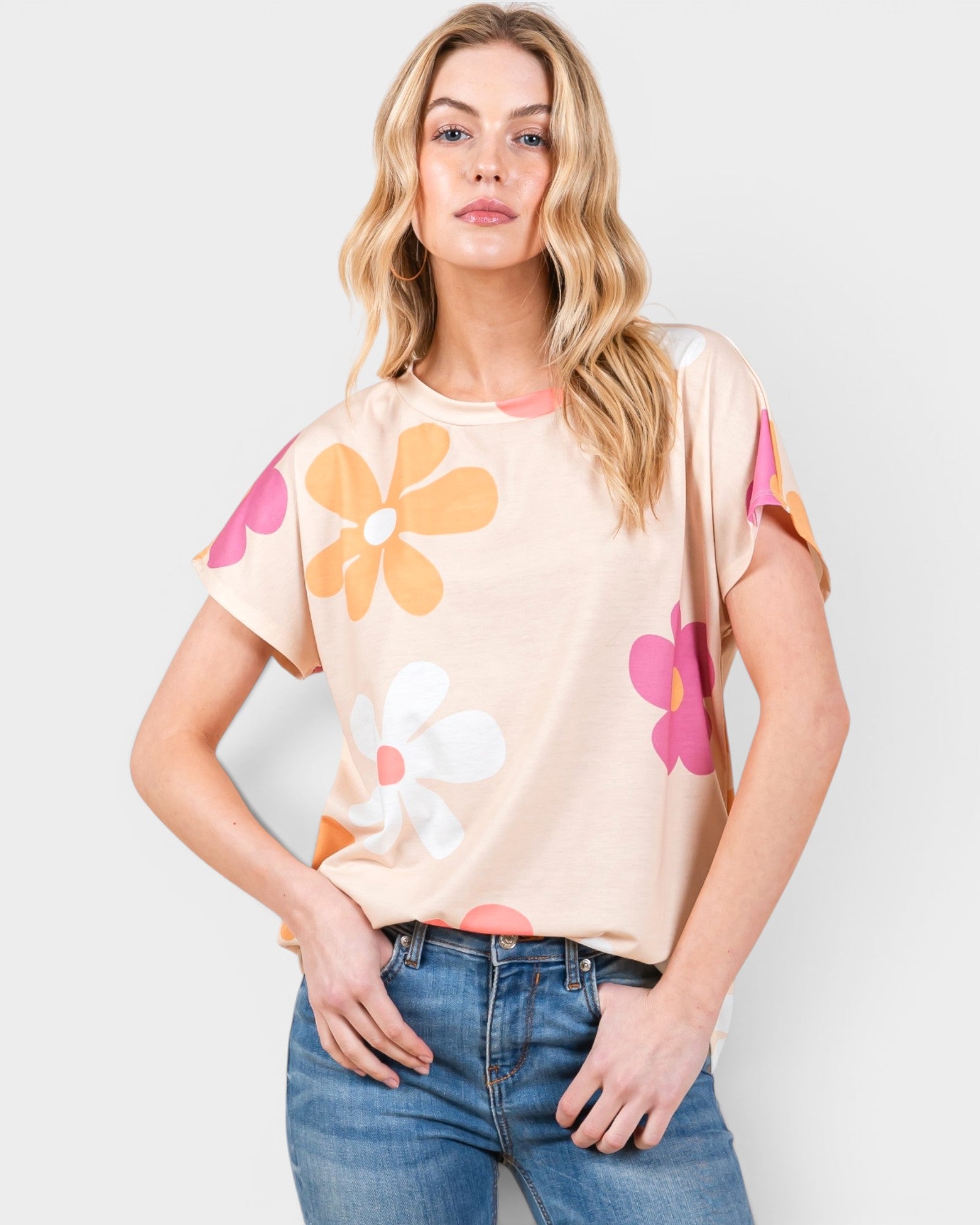 Beige Retro Floral Short Sleeve Top