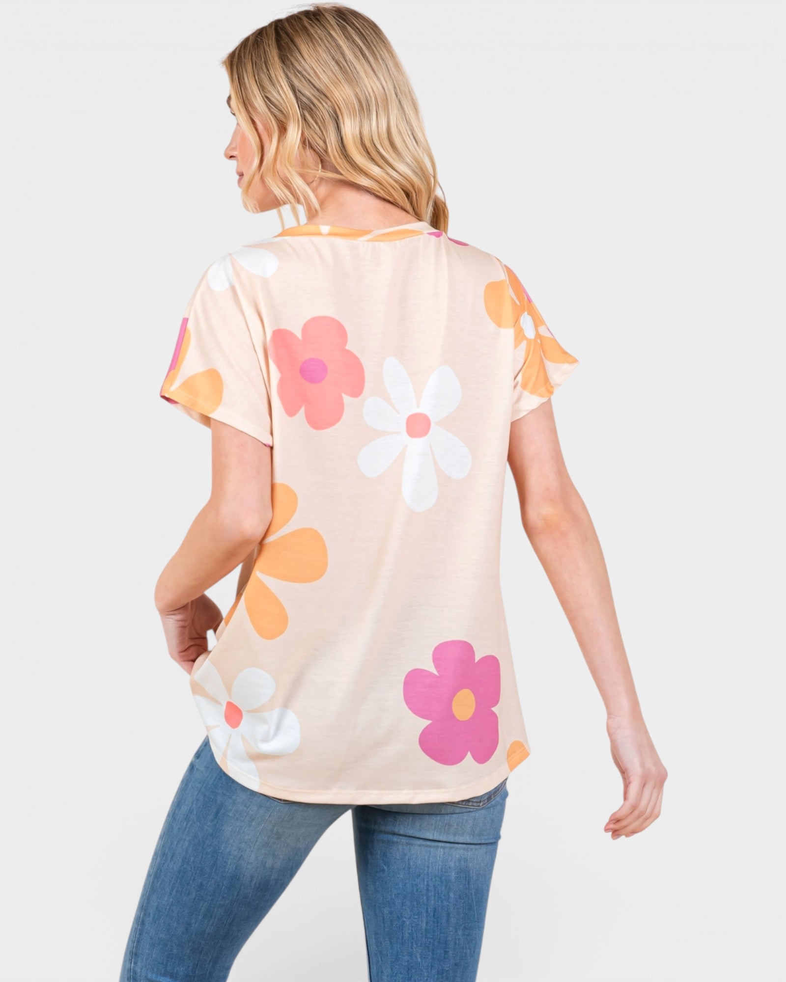 Beige Retro Floral Short Sleeve Top