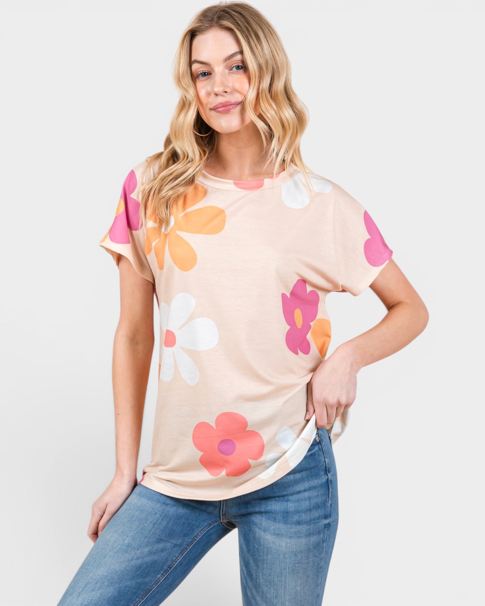Beige Retro Floral Short Sleeve Top