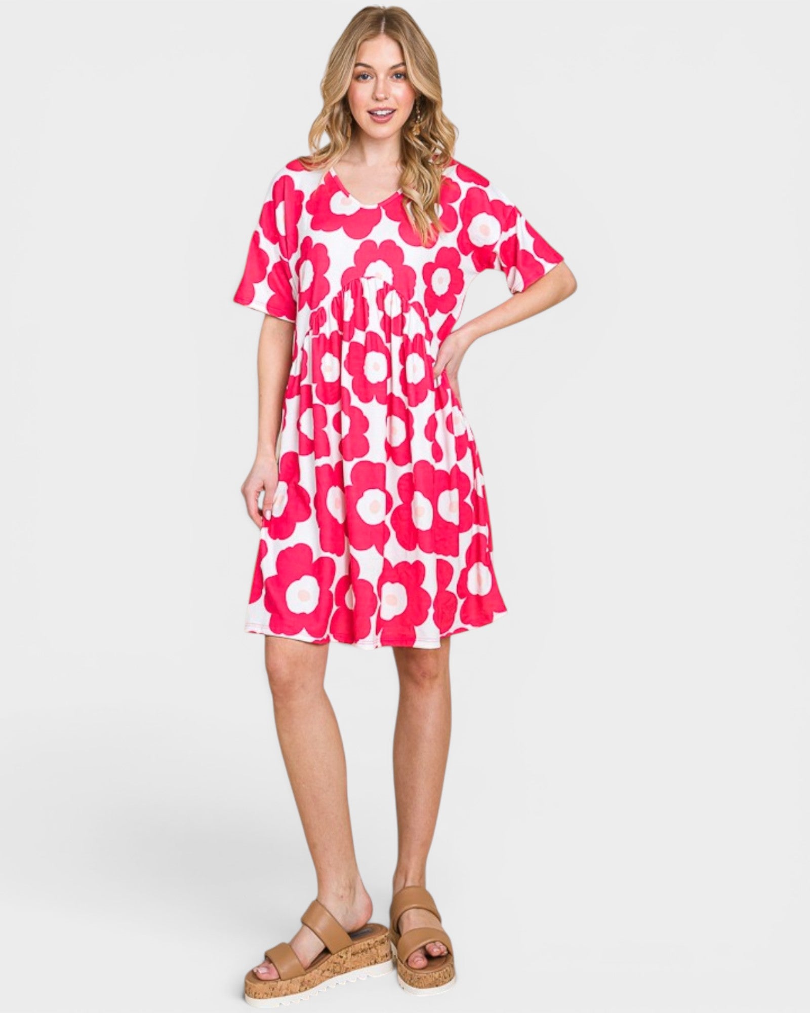 Woman wearing a pink floral dress on a white background