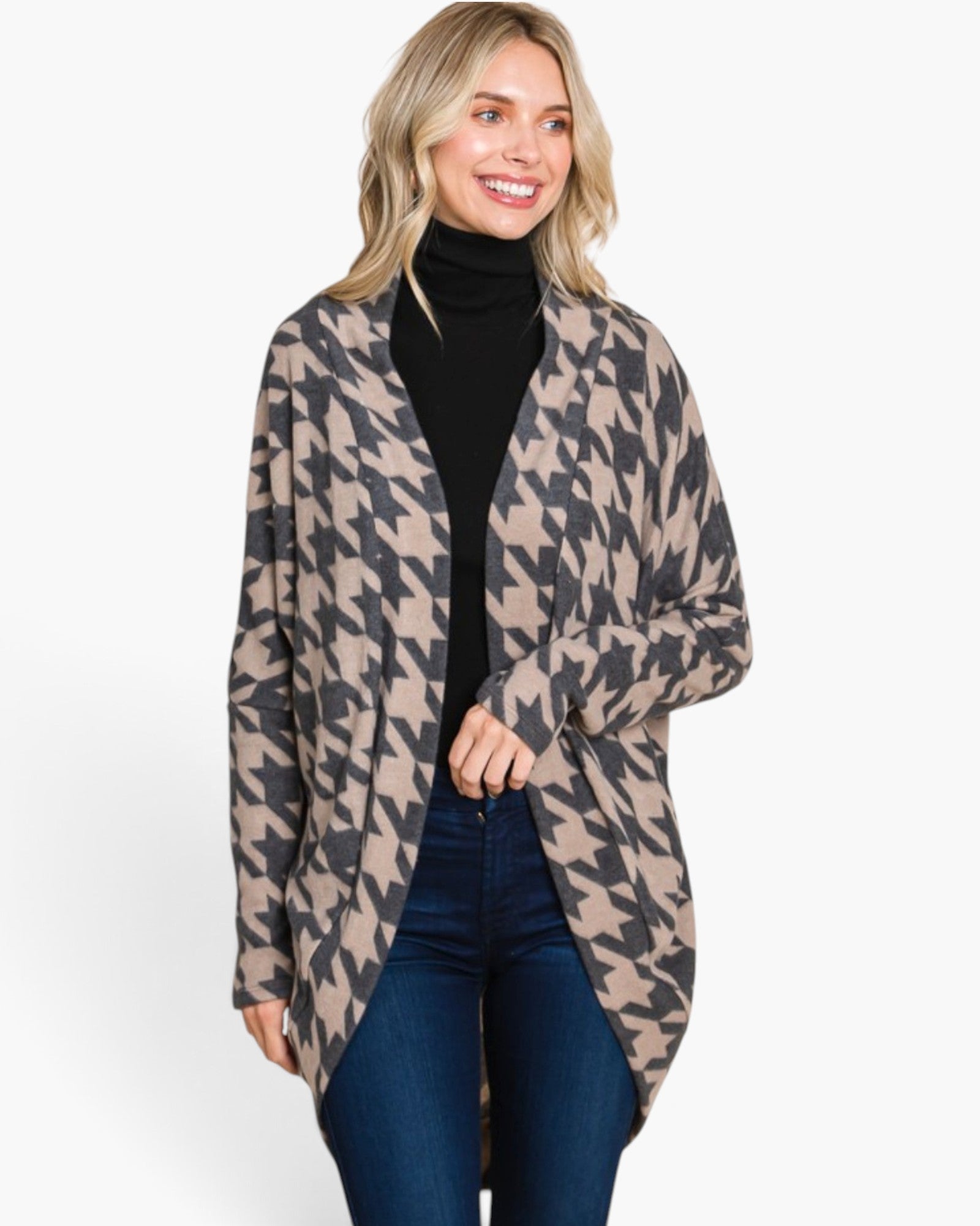 Taupe & Charcoal Houndstooth Open-Front Cardigan