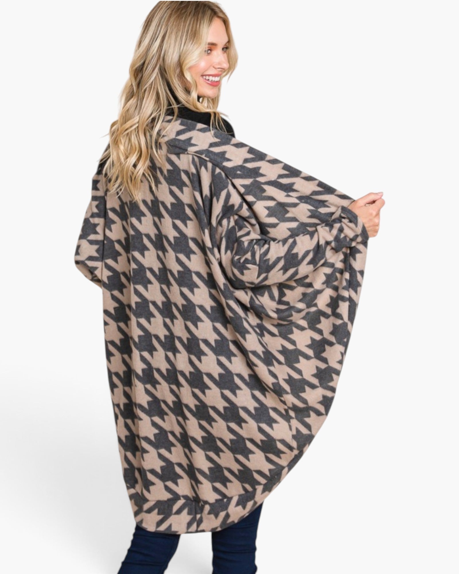 Taupe & Charcoal Houndstooth Open-Front Cardigan