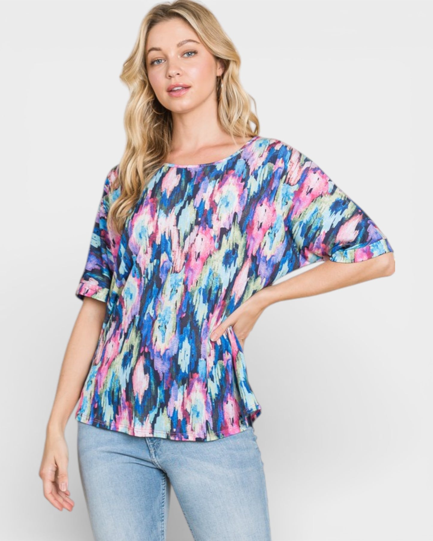 Blue & Pink Abstract Print Short Sleeve Top