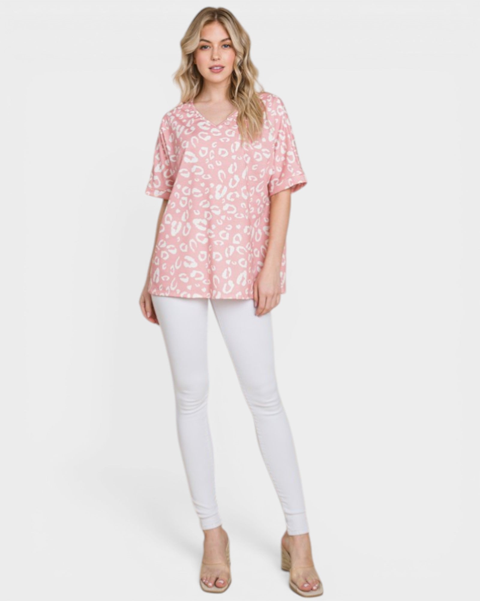 Blush & White Leopard Print Short Sleeve Top