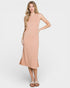 Woman wearing a beige dress on a white background