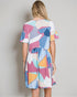 Woman wearing a colorful geometric patterned dress against a plain background