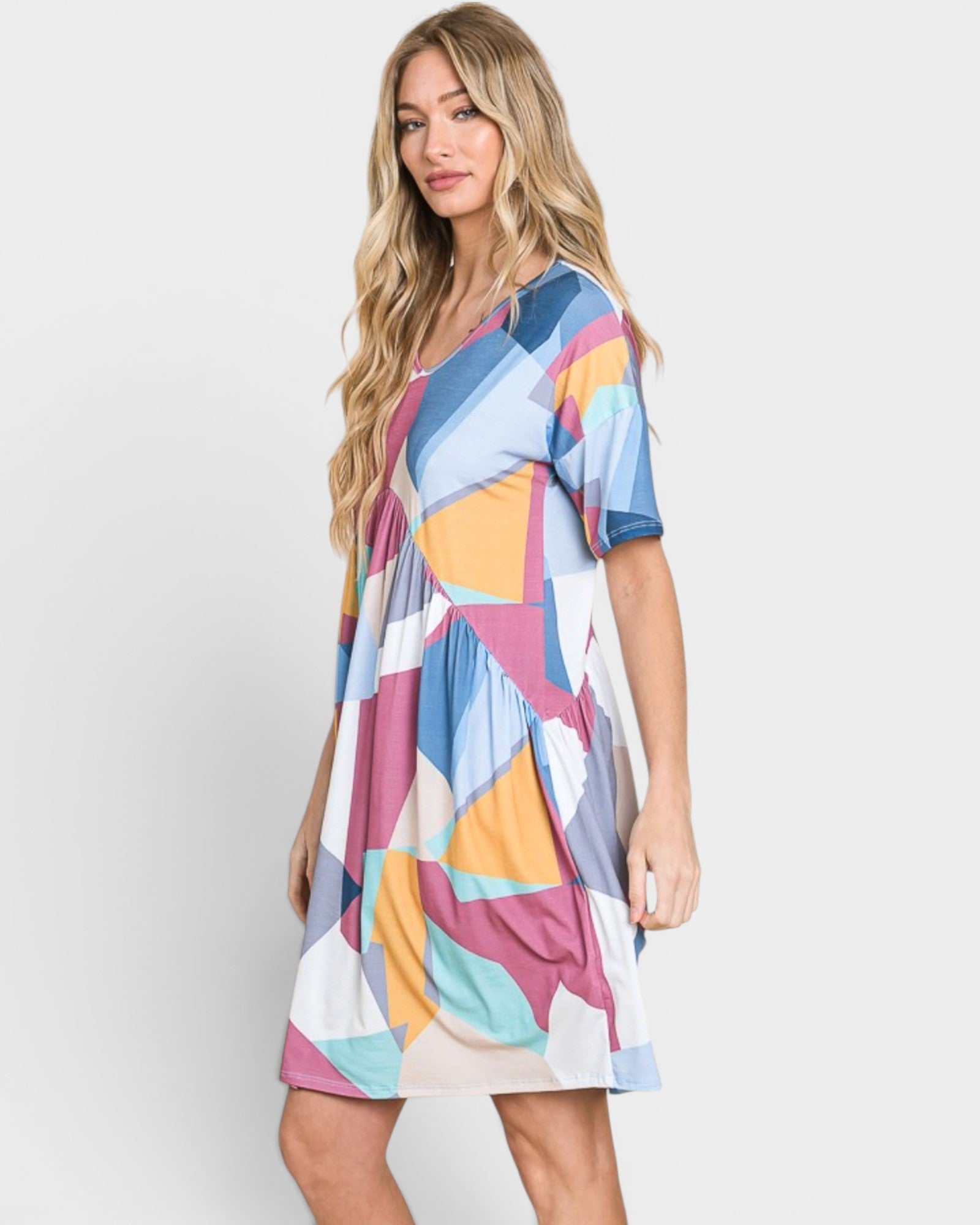 Multicolor Geometric V-Neck Mini Dress