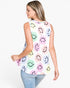 A woman shown from the back wearing a sleeveless white top with a colorful smiley face pattern, paired with light blue jeans, against a plain white background.