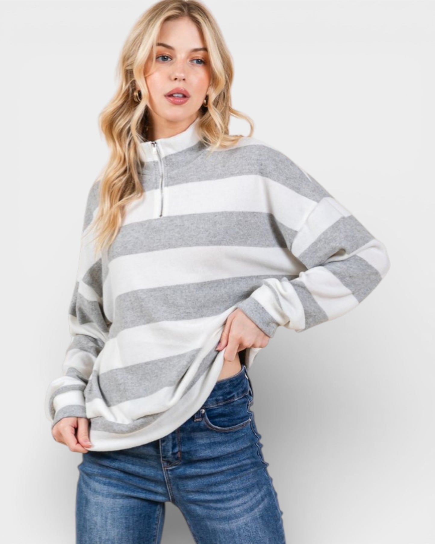 Gray & White Striped Half Zip Pullover