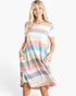 A woman modeling a short-sleeve, knee-length dress with horizontal pastel stripes in pink, light blue, gray, cream, and white, featuring side pockets, against a plain white studio background.