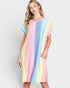Woman wearing a pastel striped dress on a white background