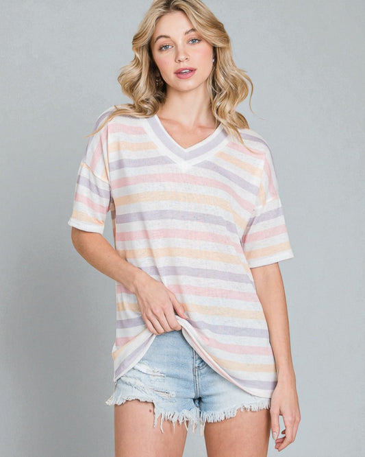 Pastel Stripe V-Neck Short Sleeve Top