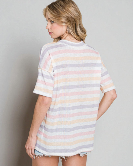 Pastel Stripe V-Neck Short Sleeve Top