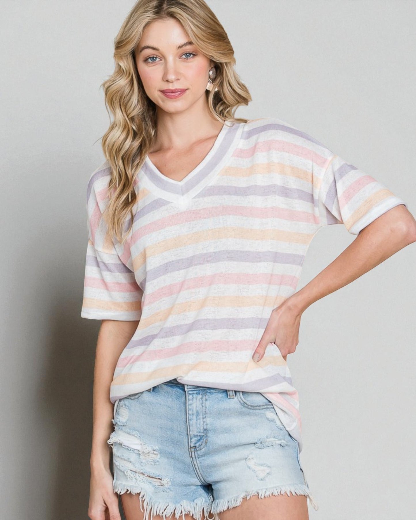 Pastel Stripe V-Neck Short Sleeve Top