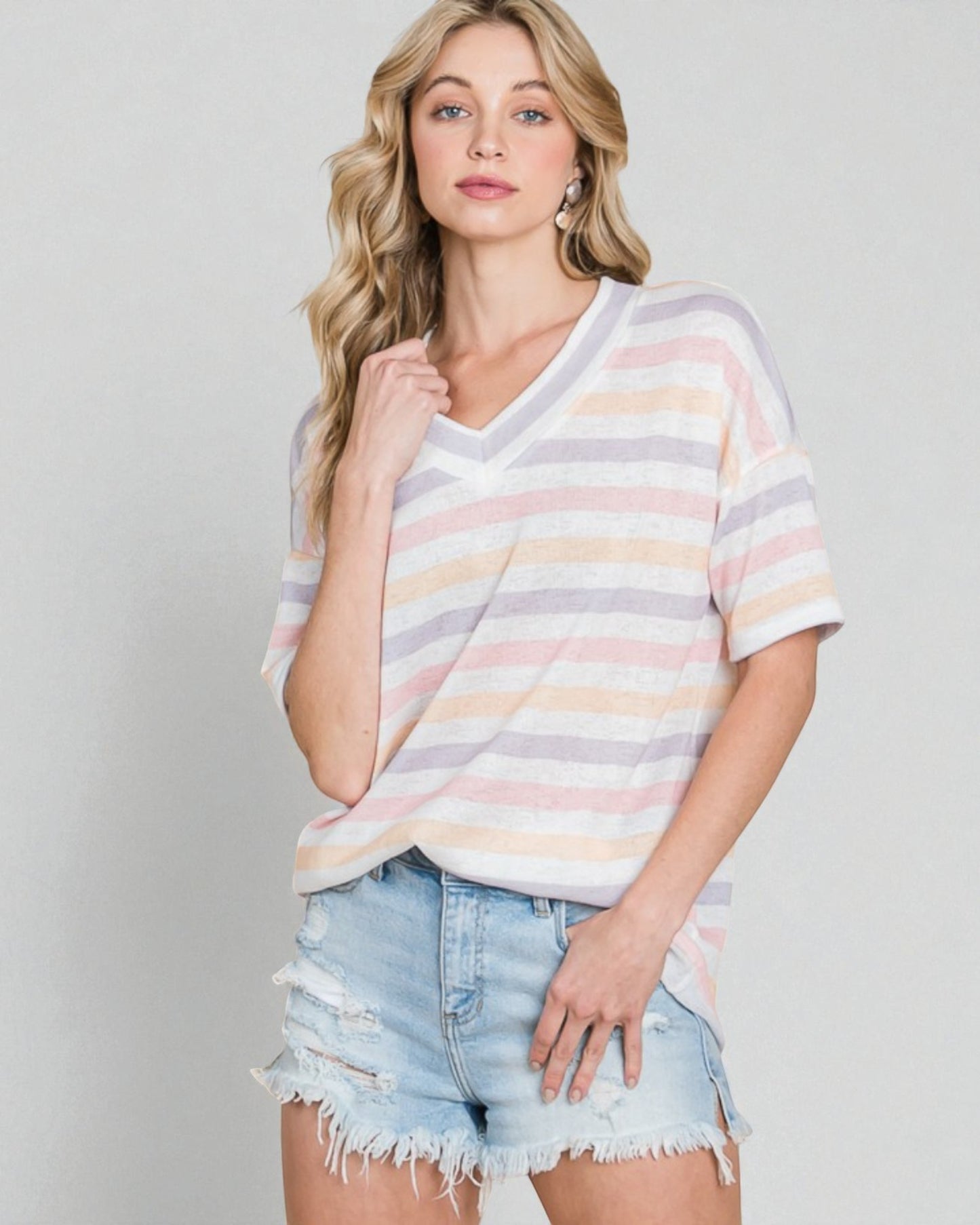Pastel Stripe V-Neck Short Sleeve Top