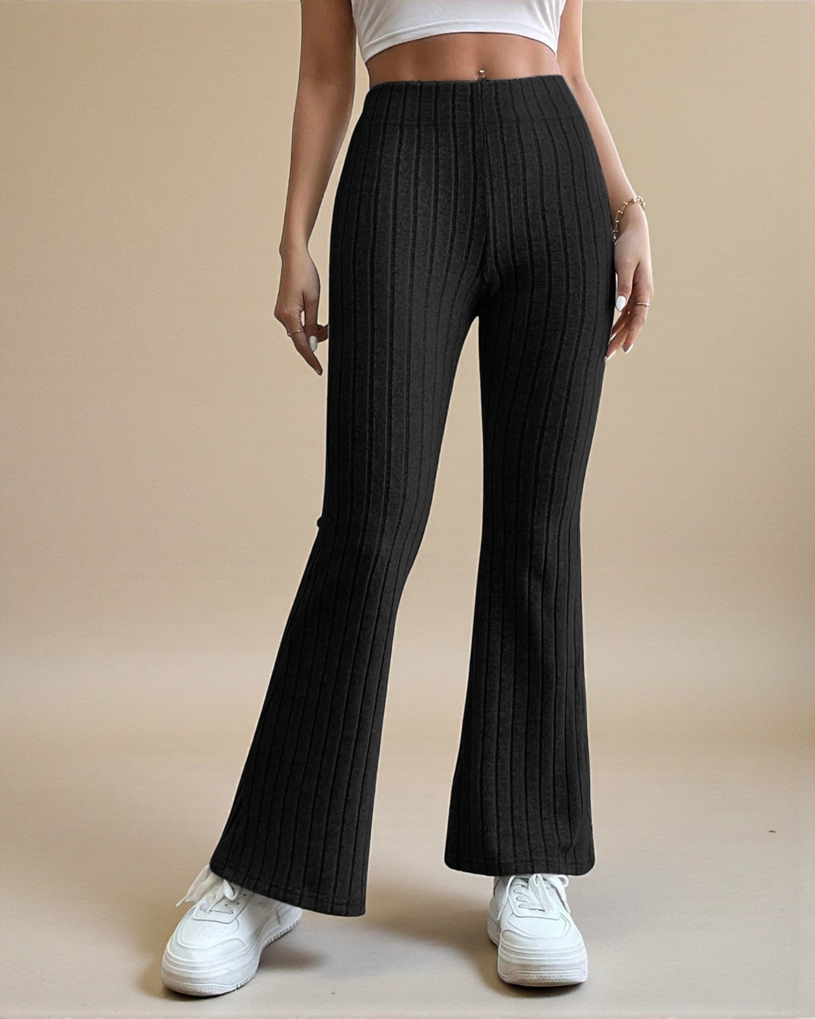 Pantalon évasé taille haute en tricot côtelé