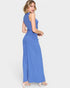 Woman wearing a blue sleeveless dress on a white background