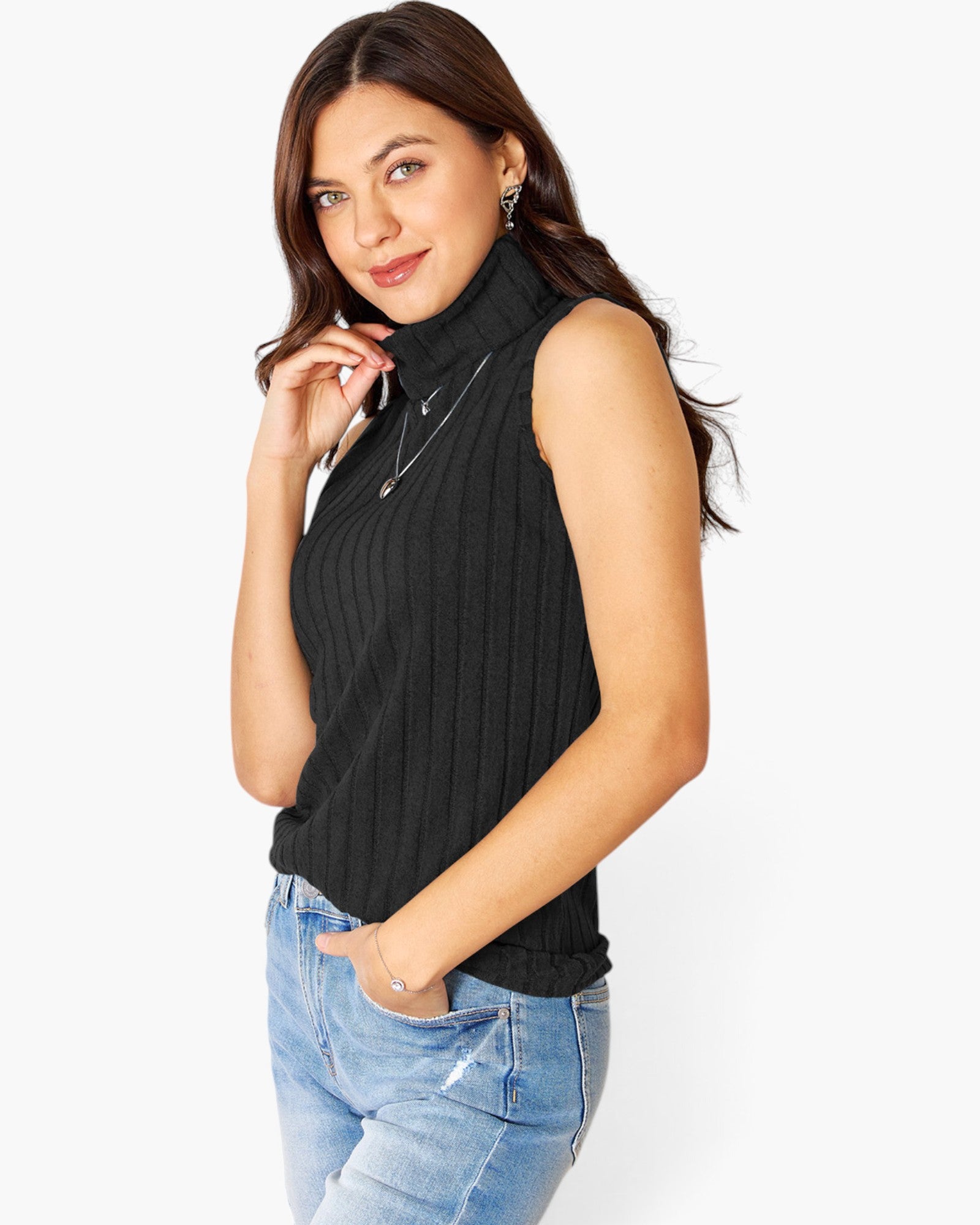 Ribbed Sleeveless Turtleneck Top