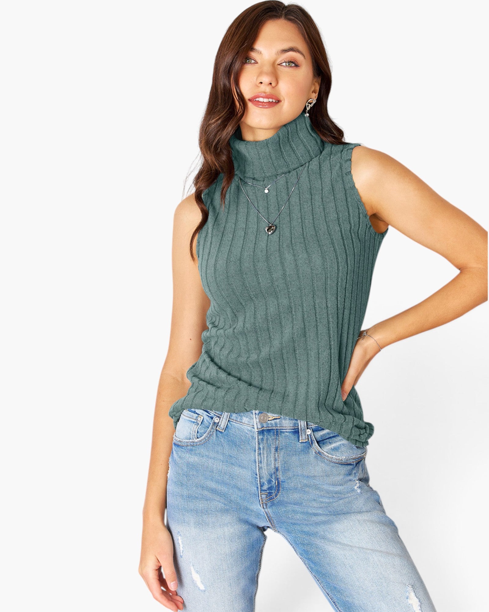 Ribbed Sleeveless Turtleneck Top