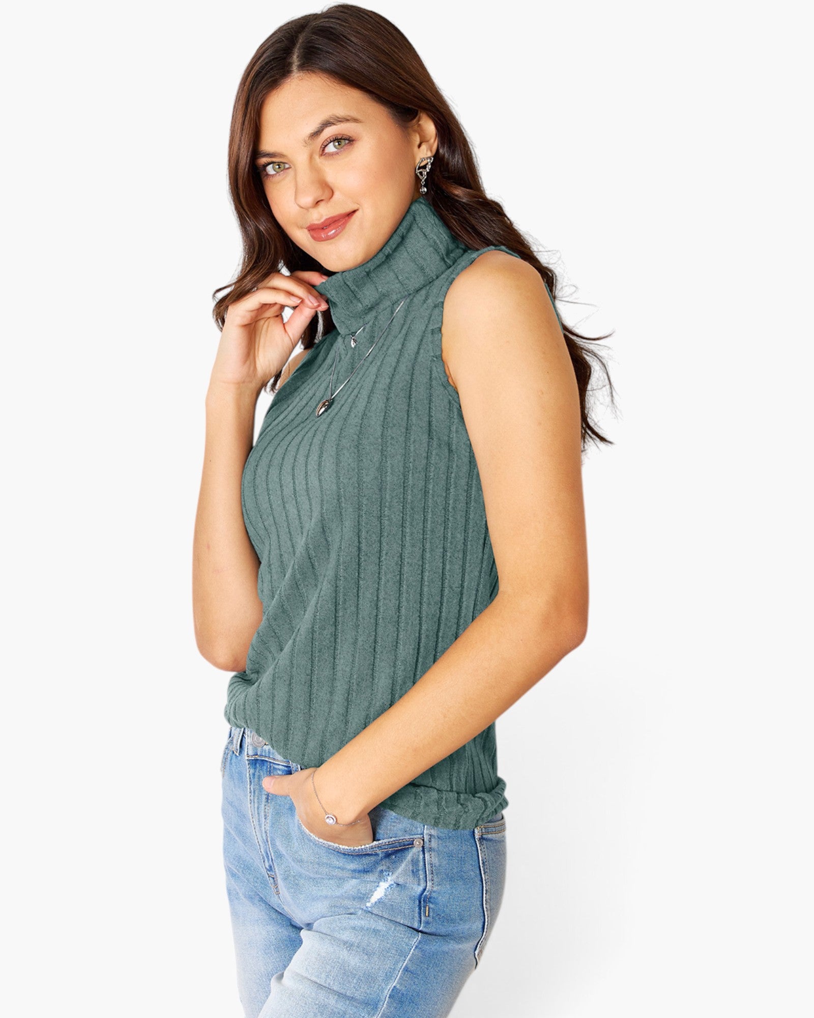 Ribbed Sleeveless Turtleneck Top