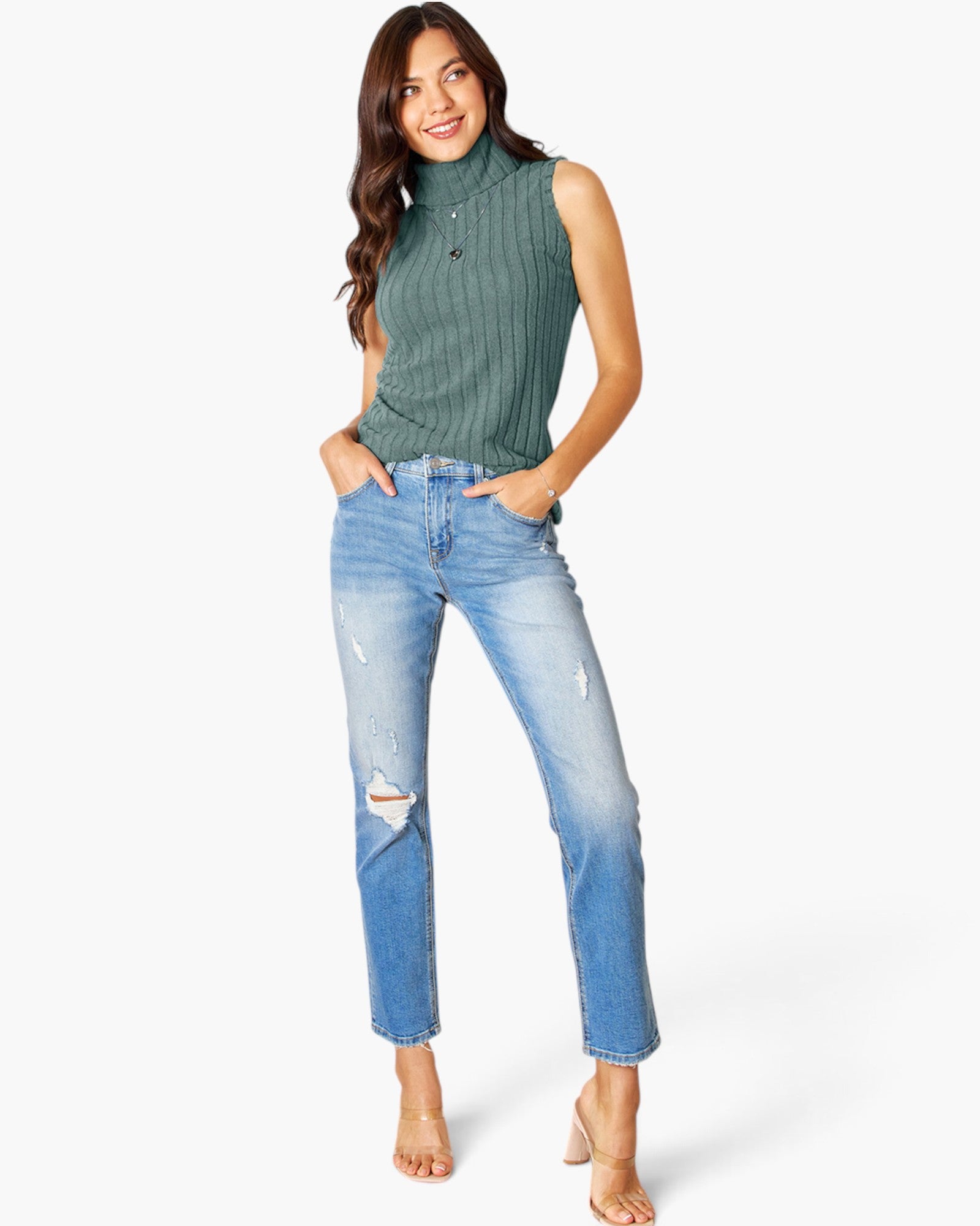 Ribbed Sleeveless Turtleneck Top