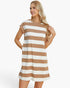 A woman modeling a short-sleeve A-line tunic dress with horizontal brown and off-white stripes, set against a plain white studio background.