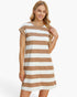 A woman modeling a short-sleeve A-line dress with horizontal tan and off-white stripes against a plain white studio background.