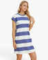 A woman modeling a short-sleeve crewneck dress with horizontal blue and white stripes, set against a plain white studio background.