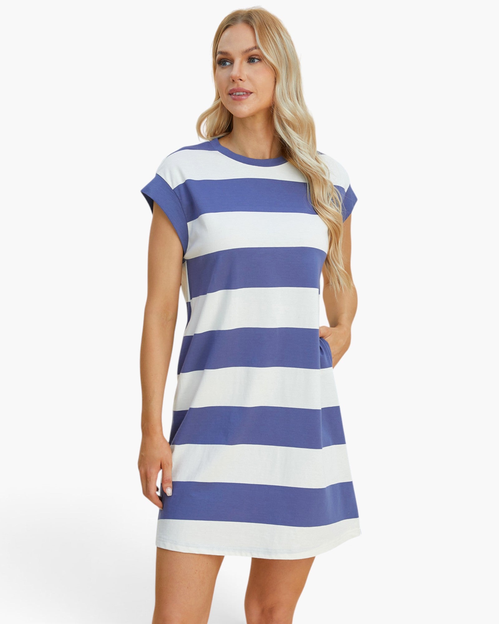 A woman modeling a short-sleeve A-line dress with horizontal blue and white stripes, set against a plain white studio background.
