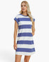 A woman modeling a short-sleeve A-line dress with horizontal blue and white stripes, set against a plain white studio background.