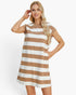 A woman modeling a short-sleeve, knee-length A-line dress with horizontal tan and off-white stripes against a plain white studio background.