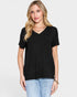 Woman wearing a black t-shirt and light blue jeans on a white background