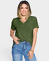 Woman wearing an olive green t-shirt and blue jeans on a white background
