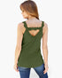 A woman shown from the back wearing an olive green sleeveless top with a scalloped lace-trimmed open back, paired with blue jeans, against a plain white background.